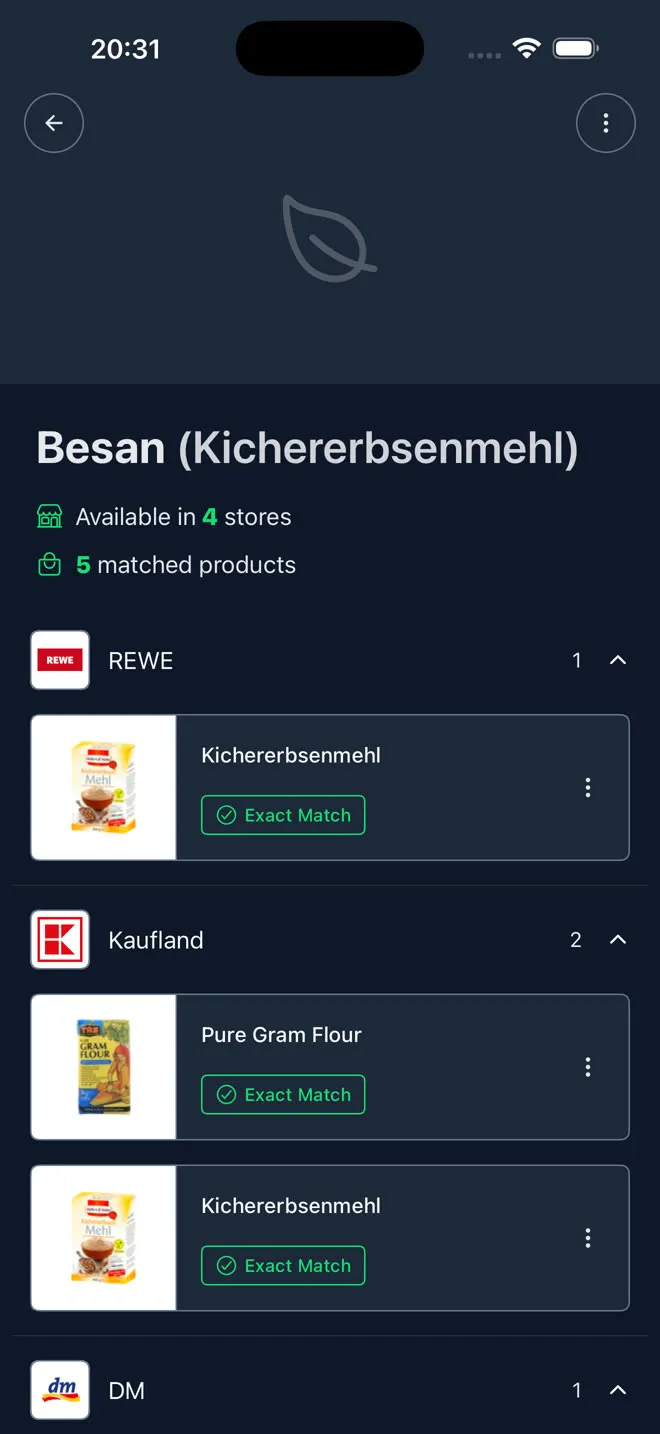 The Besan screen, titled Besan (Kichererbsenmehl): available in 4 stores, 5 matched products.