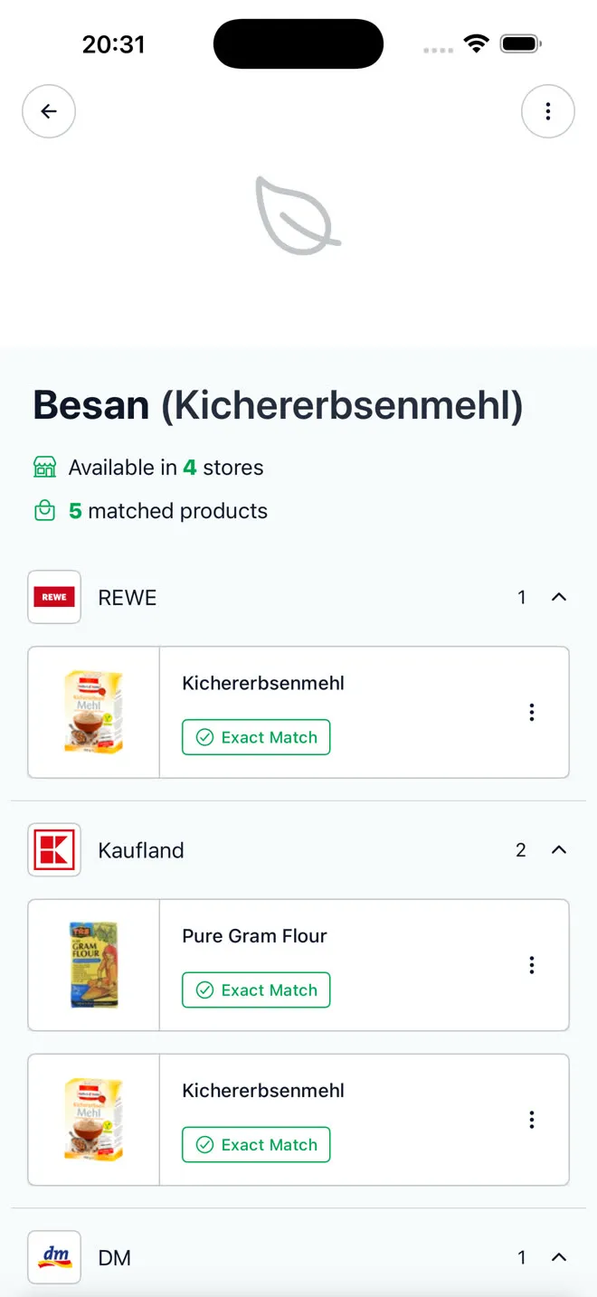 The Besan screen, titled Besan (Kichererbsenmehl): available in 4 stores, 5 matched products.