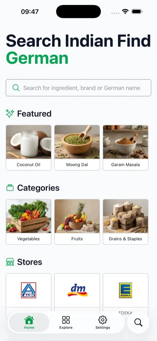 The IndGrocer home screen: the tagline Search Indian, Find German, a search field, and rails of featured ingredients, categories and stores.