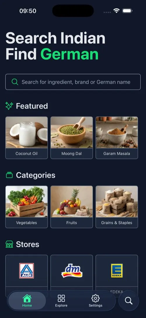 The IndGrocer home screen: the tagline Search Indian, Find German, a search field, and rails of featured ingredients, categories and stores.
