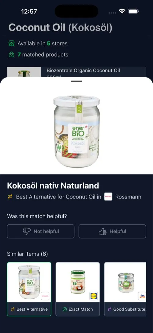 The product sheet for Kokosoel nativ Naturland: a packshot on a white plate and the verdict Best Alternative for Coconut Oil in Rossmann.