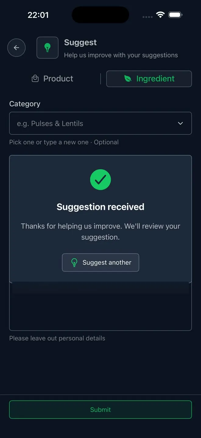 The Suggestion received dialog: Thanks for helping us improve. We’ll review your suggestion.