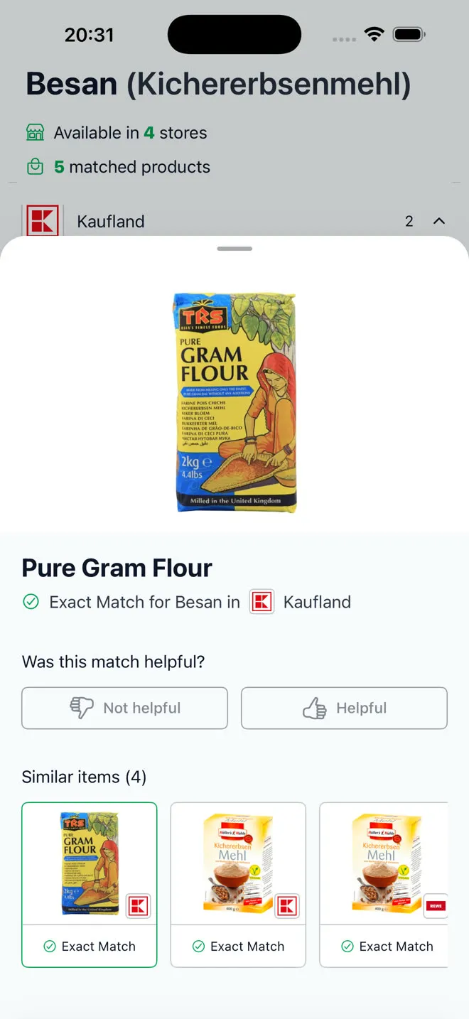 The product sheet for Pure Gram Flour: a product photo and the line Exact Match for Besan in Kaufland.