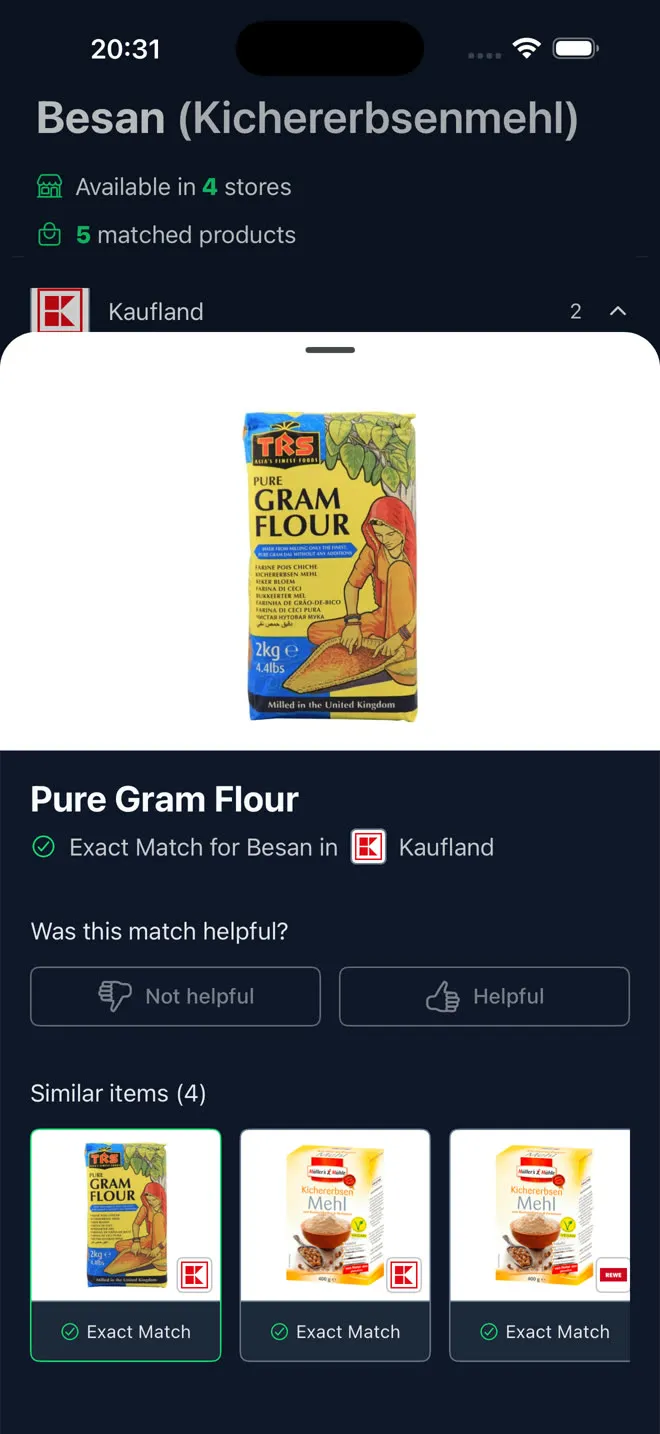 The product sheet for Pure Gram Flour: a product photo and the line Exact Match for Besan in Kaufland.