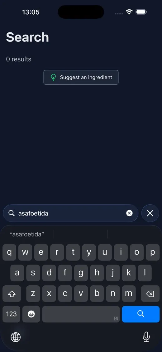 A search for Asafoetida returning 0 results, with a Suggest an ingredient button directly beneath it.