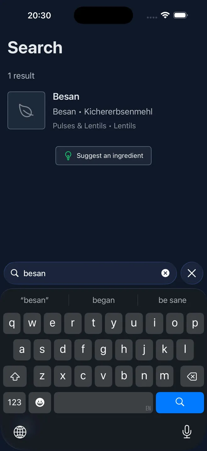 Search for besan: 1 result, Besan, with its German name Kichererbsenmehl and its category Pulses and Lentils.