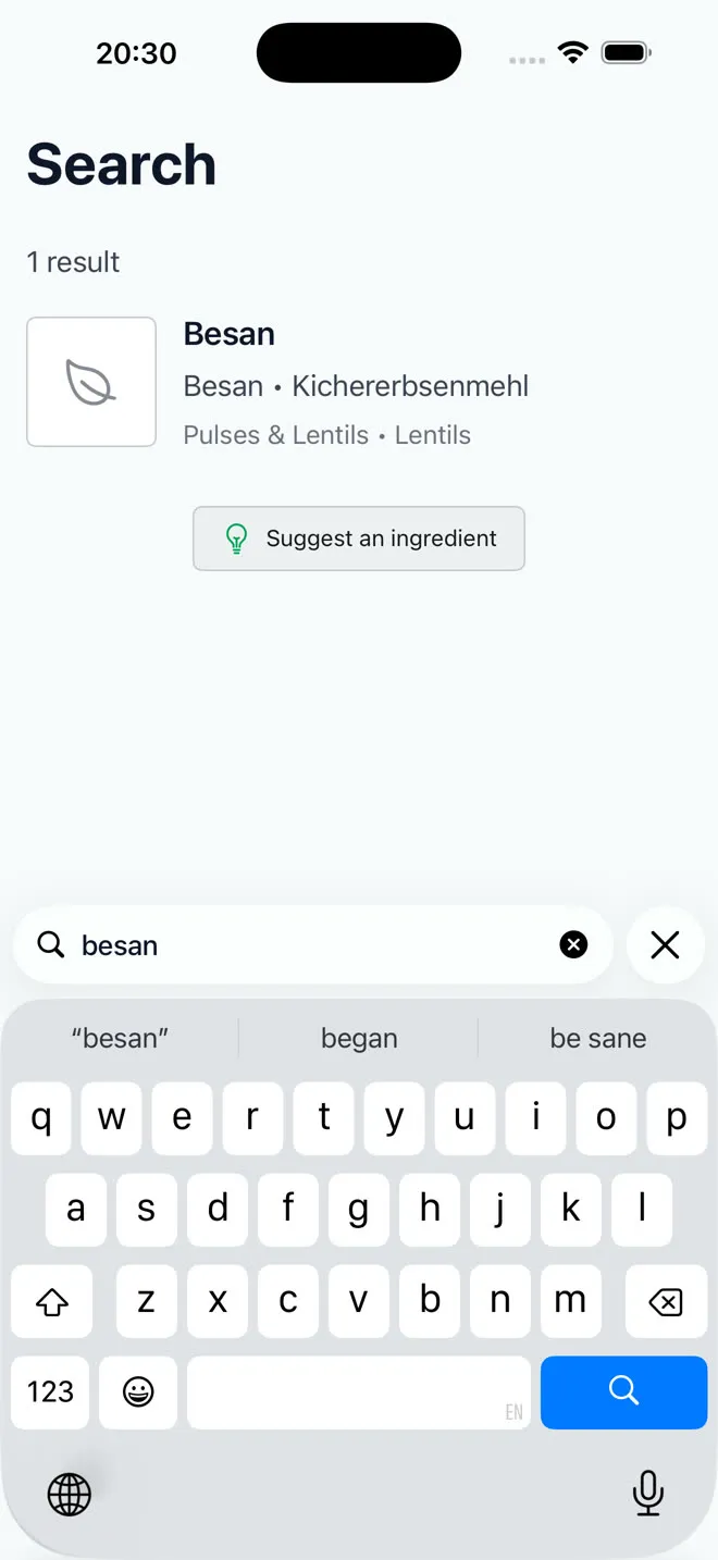 Search for besan: 1 result, Besan, with its German name Kichererbsenmehl and its category Pulses and Lentils.