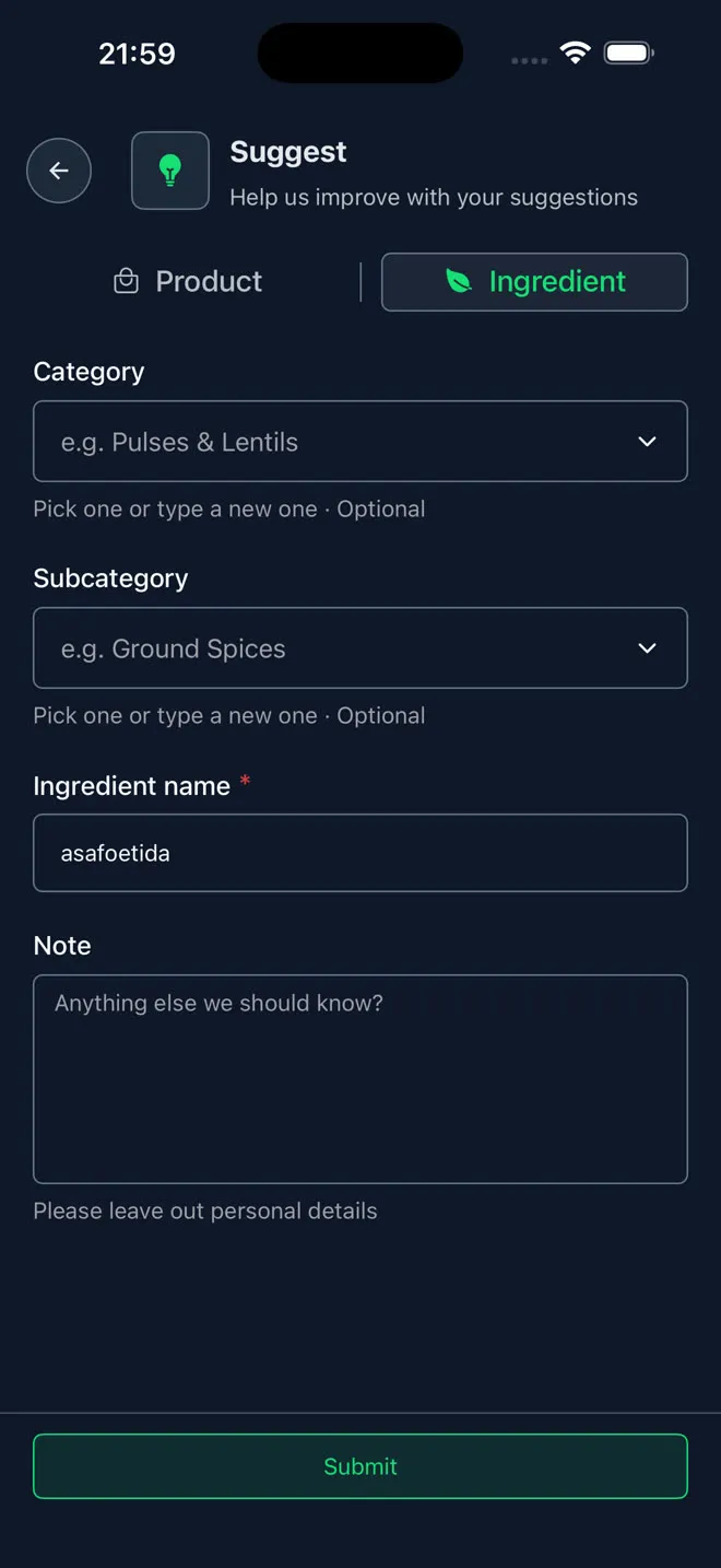 The Suggest screen on the Ingredient tab, with asafoetida already filled in as the ingredient name.