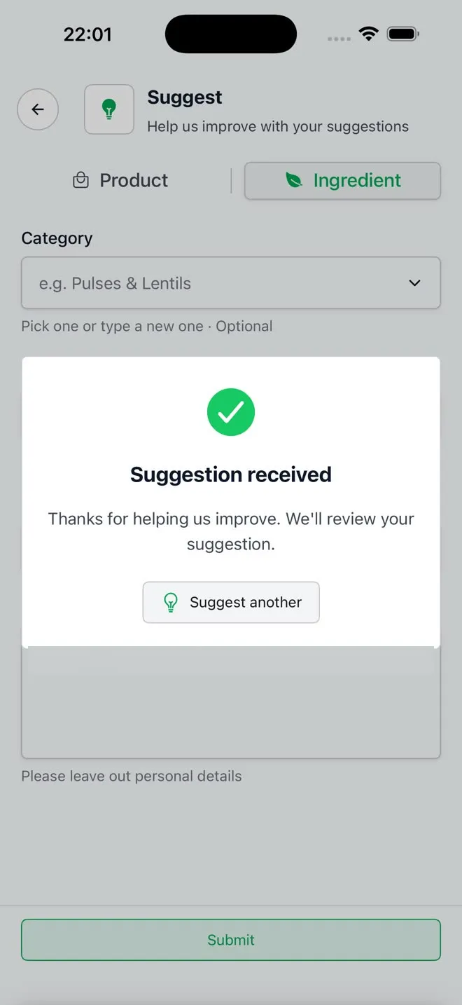 The Suggestion received dialog: Thanks for helping us improve. We’ll review your suggestion.
