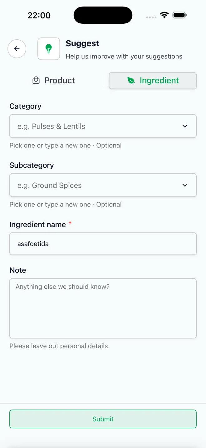 The Suggest screen on the Ingredient tab, with asafoetida already filled in as the ingredient name.