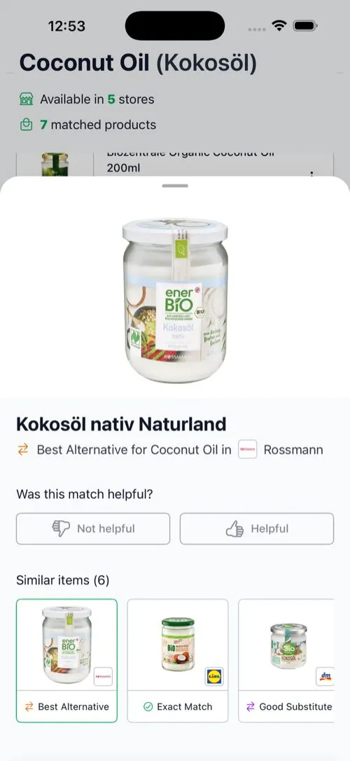 The product sheet for Kokosoel nativ Naturland: a packshot on a white plate and the verdict Best Alternative for Coconut Oil in Rossmann.