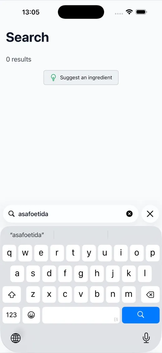 A search for Asafoetida returning 0 results, with a Suggest an ingredient button directly beneath it.